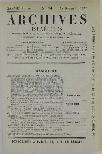 Archives israélites de France. Vol.38 N°24 (15 déc. 1877)
